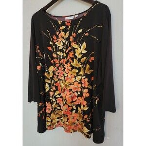 Susan Graver 3X Liquid Knit Tunic Top Brown Floral 3/4 Sleeve w/ Rhinestones